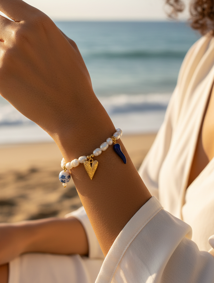 Valencia - Bracelet Perles & Charm Cœur Doré